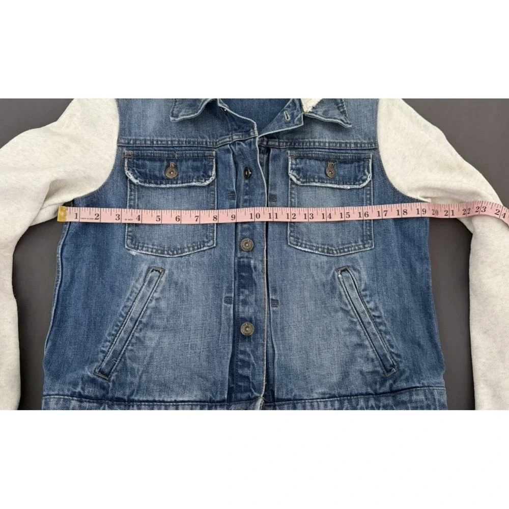 Free People Jacket Womens Size Large Blue Denim Knit Hooded Layered Jean Boho - Picture 5 of 12